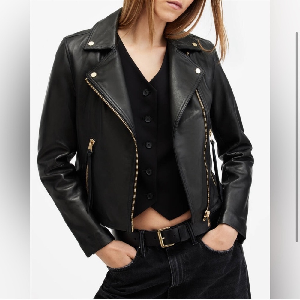 ALLSAINTS Dalby Leather Biker Jacket in Black/Gold New with Tags!
